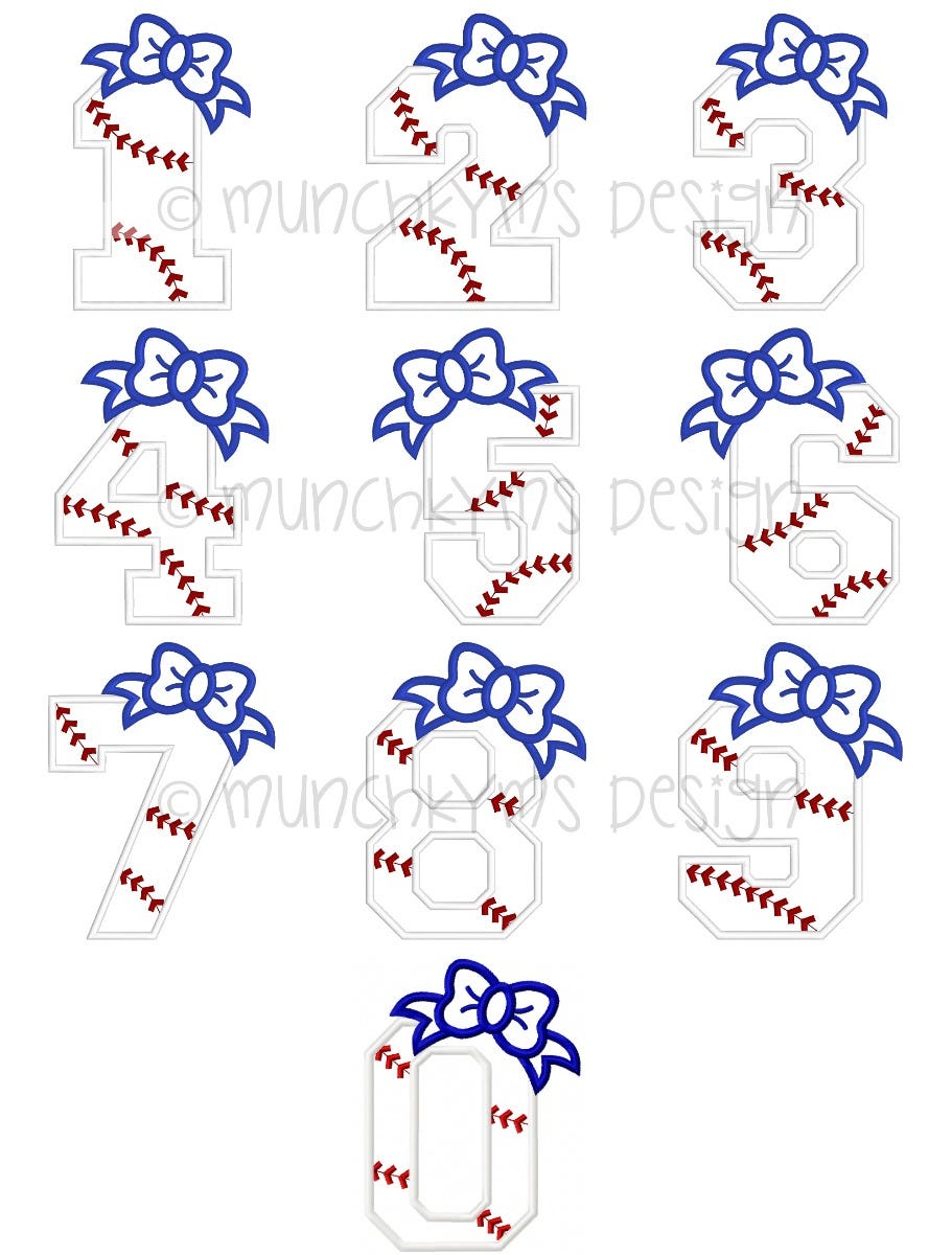 Baseball Bow Number Set Applique | Machine Embroidery Designs by JuJu