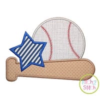 Baseball Bat Star Applique Design | Machine Embroidery Designs by JuJu