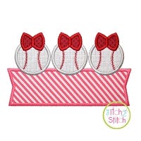 Baseball Bow Trio Banner Applique Design | Machine Embroidery Designs by JuJu