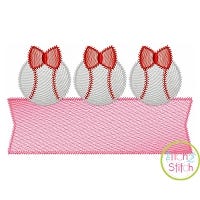 Baseball Bow Trio Banner Sketch Embroidery Design | Machine Embroidery Designs by JuJu