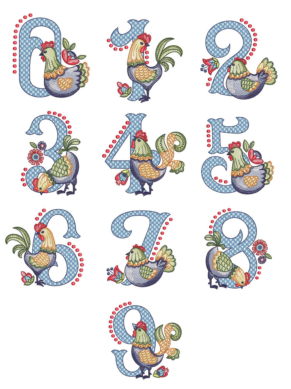Folkart Chicken Number Embroidery Set | Machine Embroidery Designs by JuJu