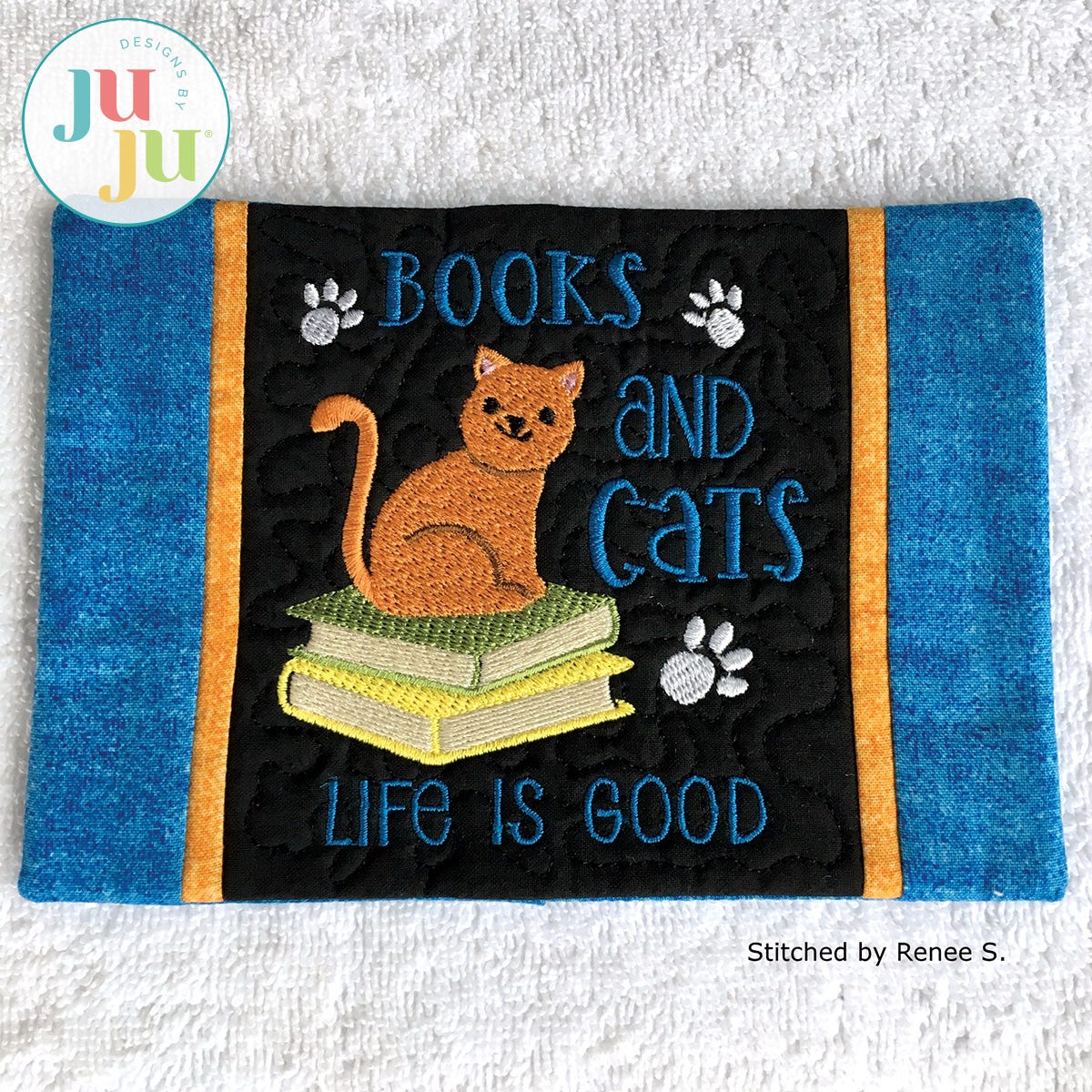  In The Hoop Books and Cats Mug Rug Project by Oma's Place | Machine Embroidery Designs by JuJu