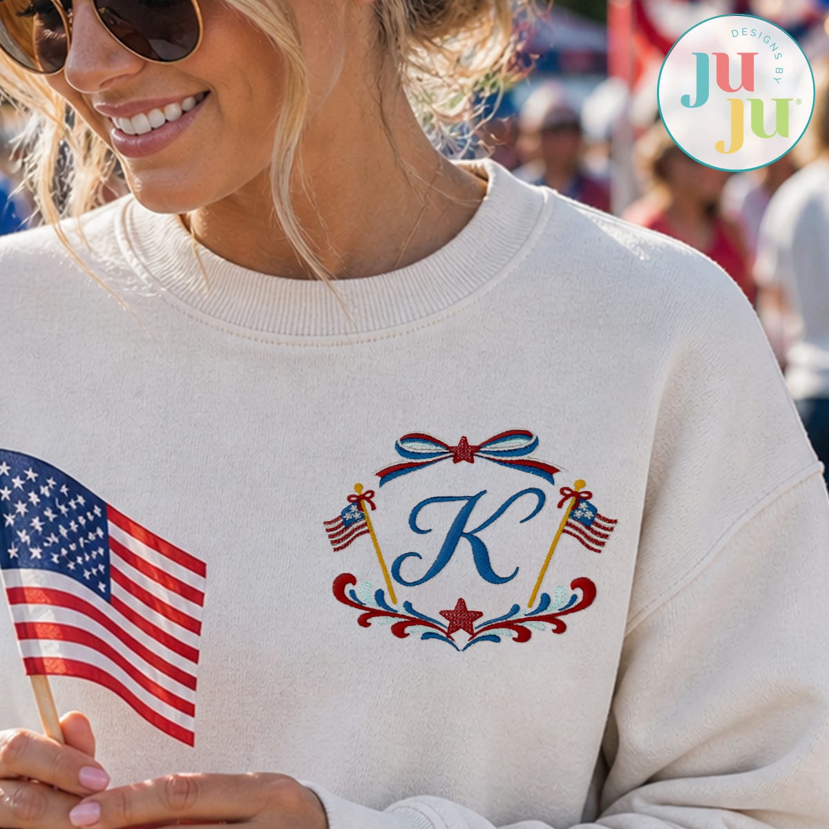 Flags and Bows Patriotic Satin Stitch Monogram Embroidery Font | Machine Embroidery Designs by JuJu