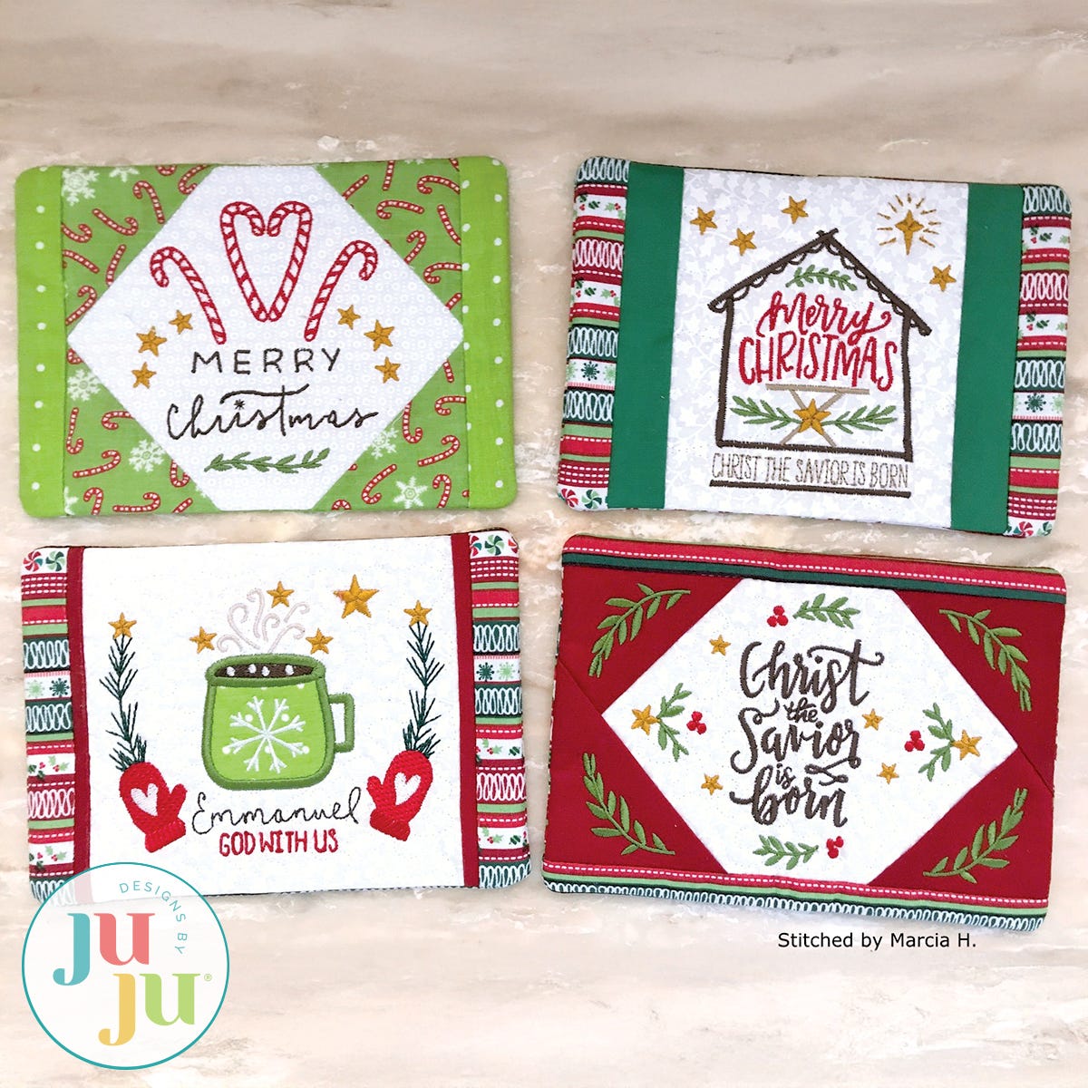 In The Hoop Inspirational Christmas Mug Rug Candy Cane Project by Oma's Place