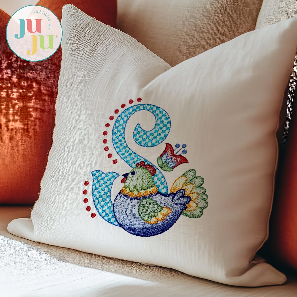 Folkart Chicken Alphabet Embroidery Set | Machine Embroidery Designs by JuJu