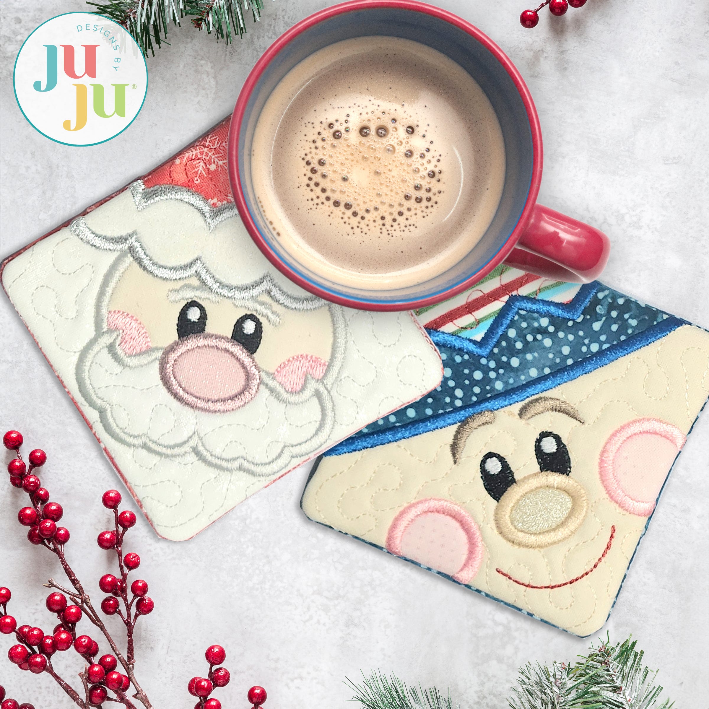 In The Hoop Christmas Faces Coasters 1 Project | Machine Embroidery Designs by JuJu