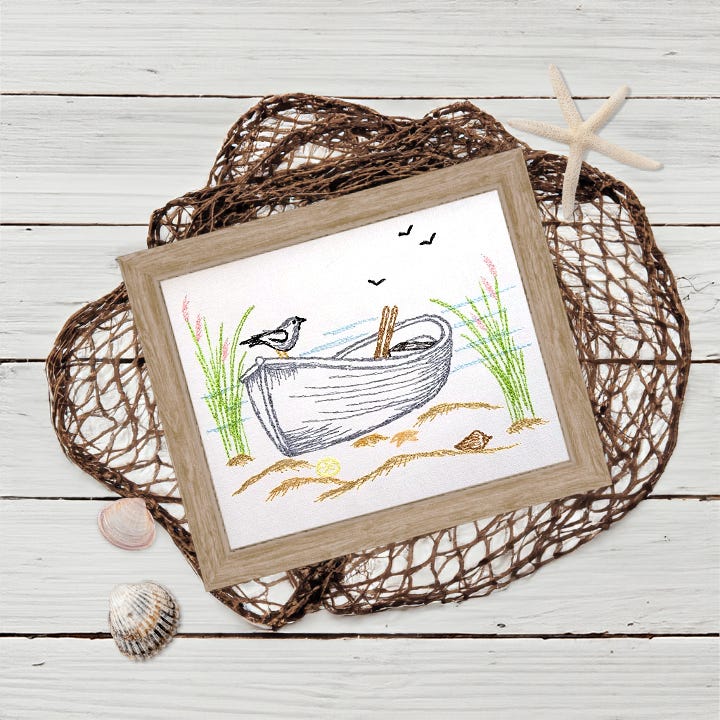 Seaside Row Boat Vintage Sketch | Machine Embroidery Designs by JuJu	