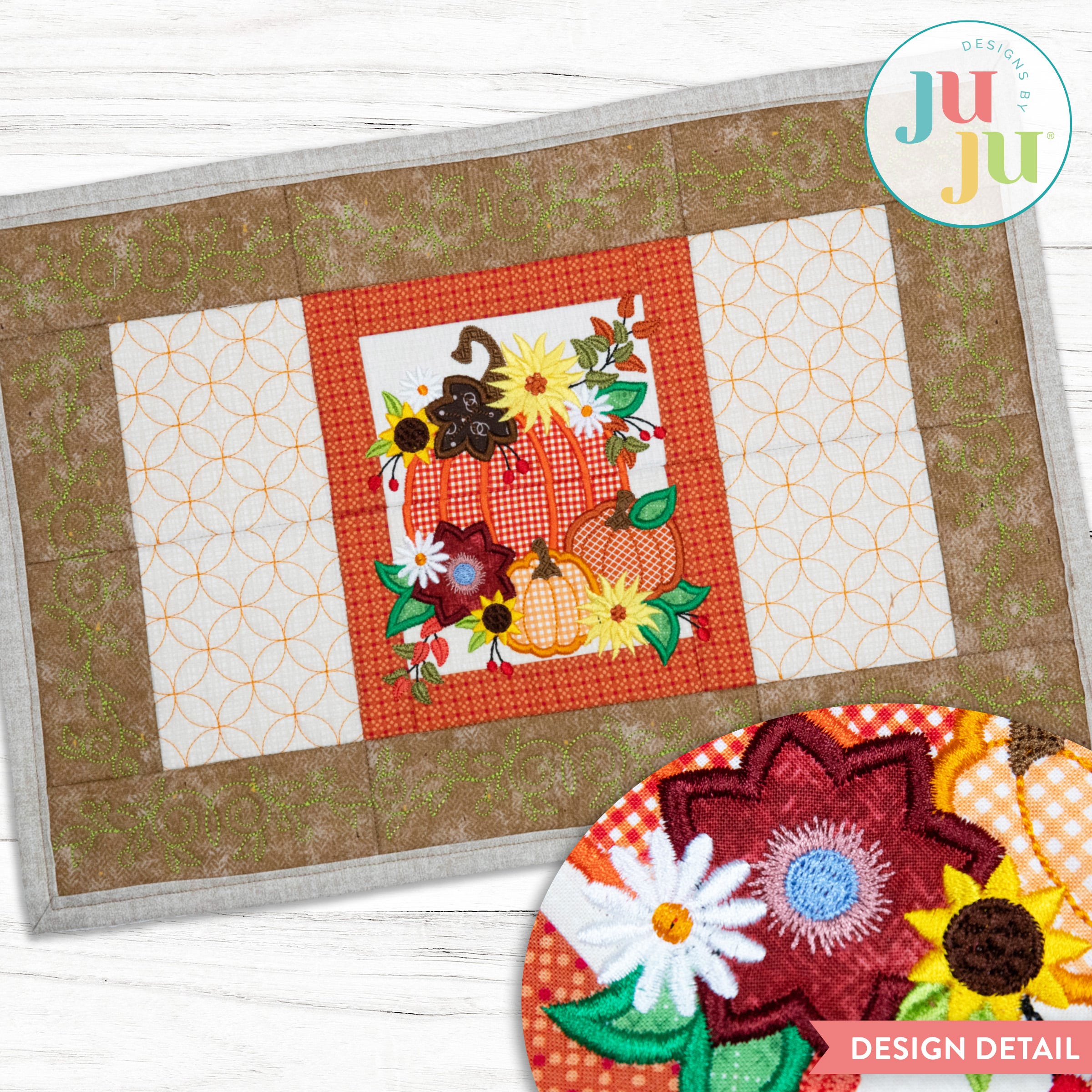 In The Hoop Modular Pretty Pumpkins Placemat Project | Machine Embroidery Designs by JuJu