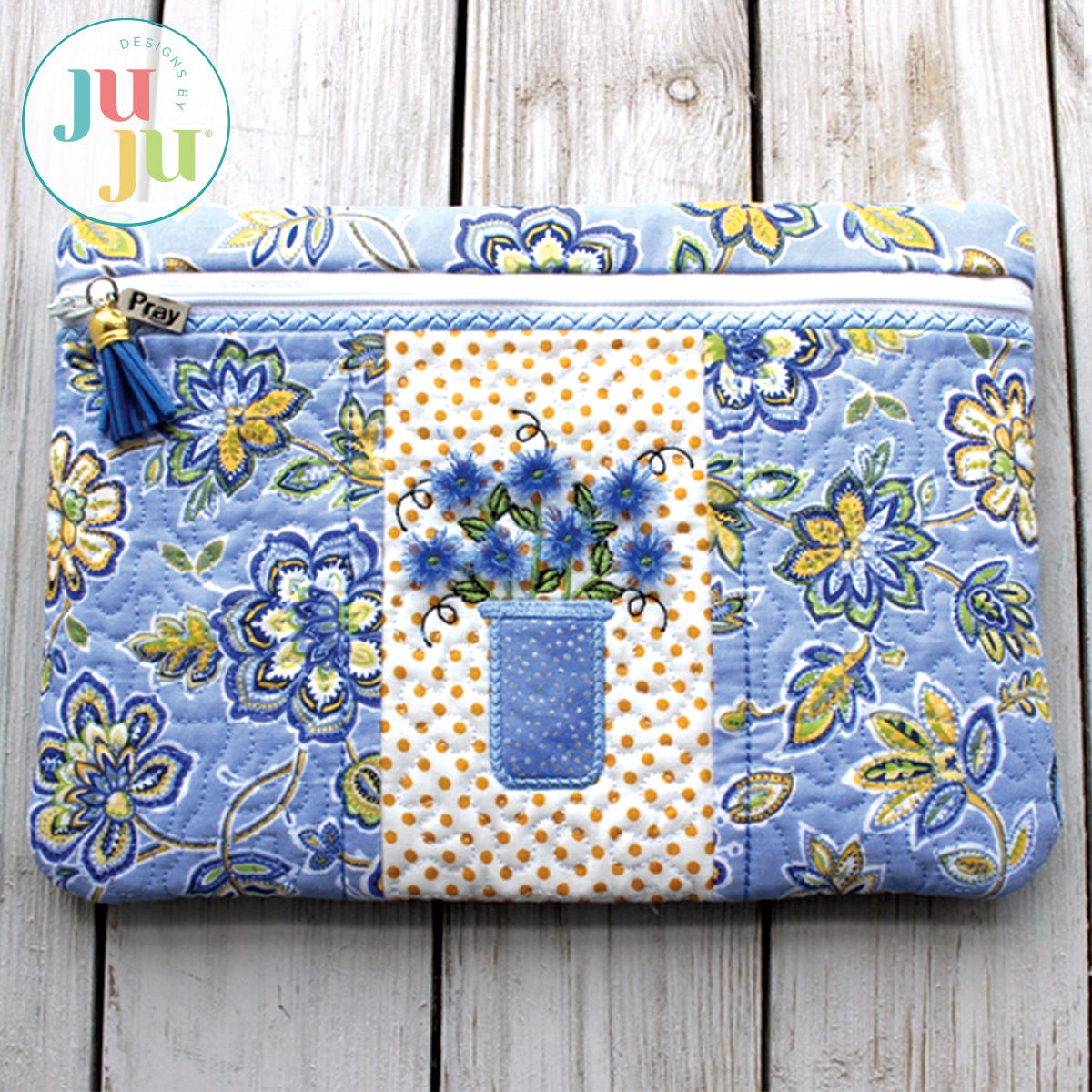 In The Hoop Fringed Flowers Zip Bag Project by Oma's Place | Machine Embroidery Designs by JuJu