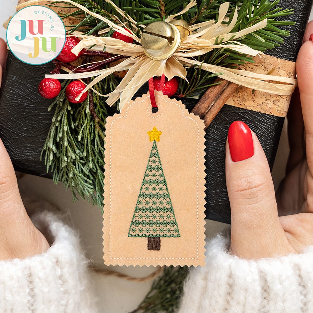FREE In The Hoop Christmas Tree Gift Tag Project | Machine Embroidery Designs by JuJu