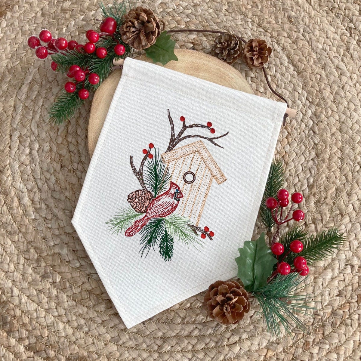Christmas Cardinal Vintage Sketch | Machine Embroidery Designs by JuJu