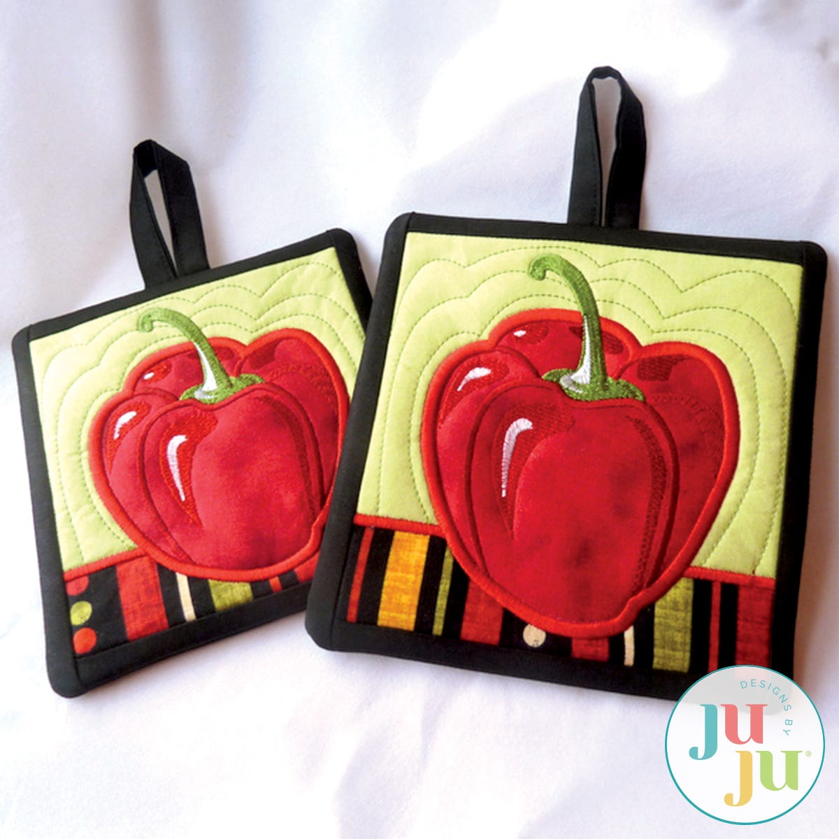 In The Hoop Pepper Potholders Project by Oma's Place | Machine Embroidery Designs by JuJu