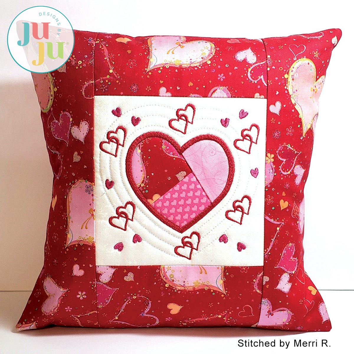 Crazy Patch Heart Pillow by Oma's Place | Machine Embroidery Designs by JuJu