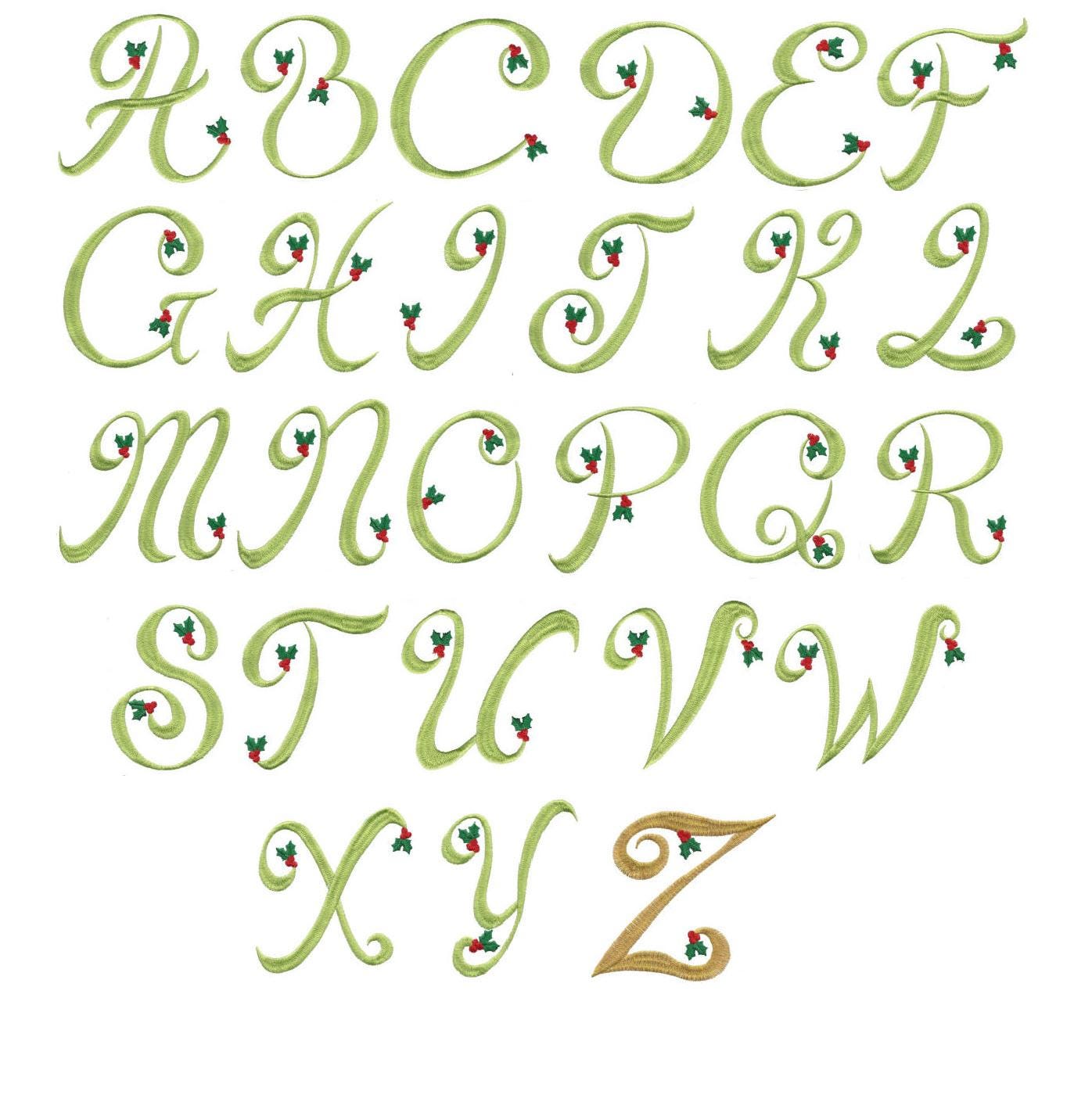 Elegant Christmas Holly Monogram Alphabet Machine Embroidery Designs by JuJu