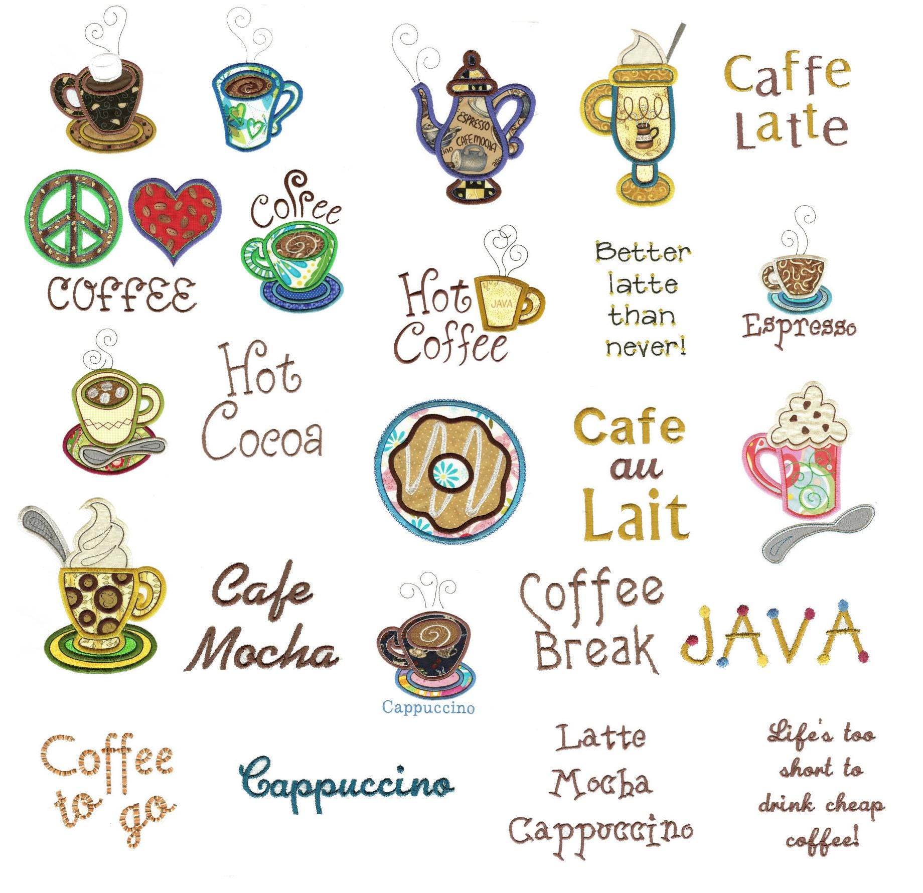 Coffee Shop Applique Machine Embroidery Designs by JuJu 