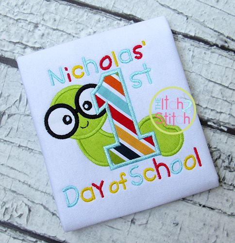 First School Day Worm Applique | Machine Embroidery Designs by JuJu