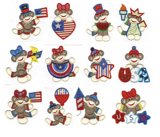 Patriotic Sock Monkeys Applique Machine Embroidery Designs by JuJu 
