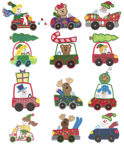 Christmas on Wheels Applique Machine Embroidery Designs by JuJu 