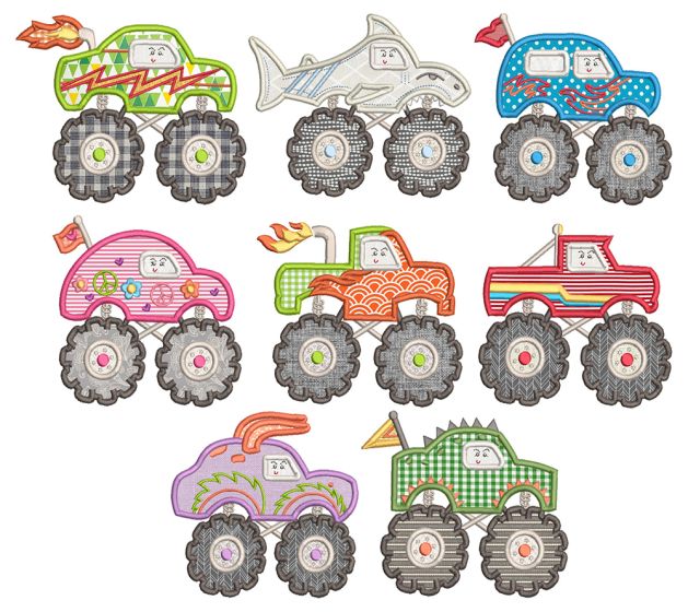 Cute Monster Trucks Applique Machine Embroidery Designs by JuJu