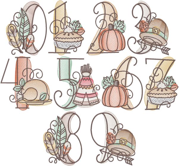 Sketch Thanksgiving Numbers | Machine Embroidery Designs by JuJu