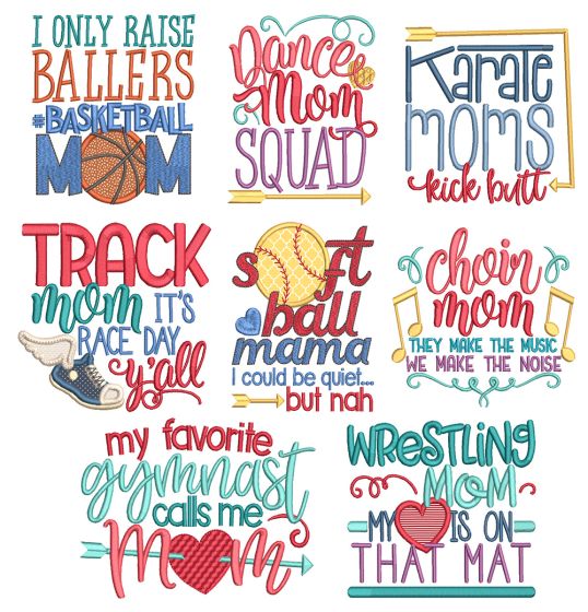 Sports Mom Word Art 1 Machine Embroidery Designs By JuJu
I only raise ballers / Track mom it's race day y'all / Softball mama - I could be quiet...but nah / Wrestling mom my heart is on the mat / 
