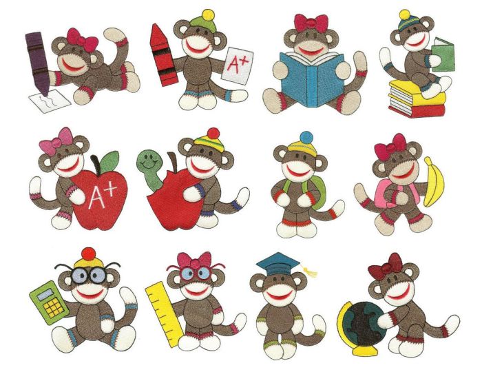 Back to School Sock Monkeys Filled Machine Embroidery Designs by JuJu