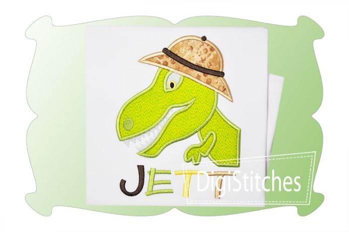 Dinosaur Wearing a Safari Hat Applique | Machine Embroidery Designs by JuJu