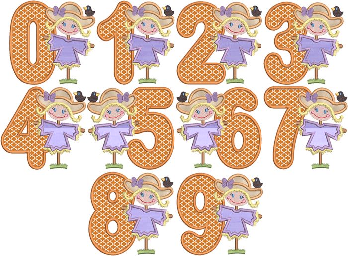 Scarecrow Girl Applique Numbers | Machine Embroidery Designs by JuJu