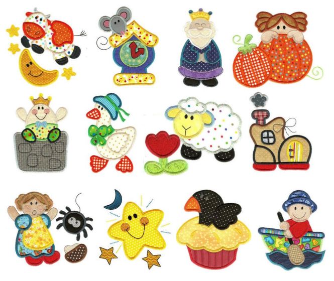 Jumbo Nursery Rhymes Set 1 Applique Machine Embroidery Designs by JuJu 