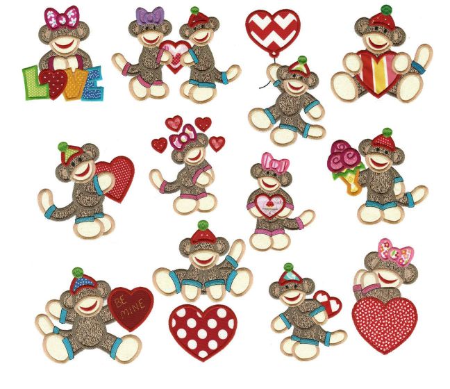 Valentine Sock Monkeys Applique Machine Embroidery Designs by JuJu 
