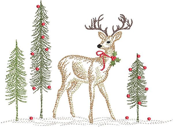 Christmas Deer Vintage Sketch | Machine Embroidery Designs by JuJu