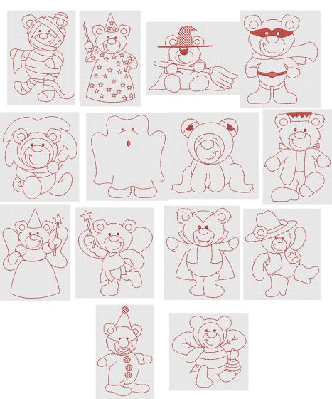 Redwork Halloween Bears Machine Embroidery Designs by JuJu