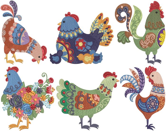 Folk Art Chickens Filled Machine Embroidery Designs by JuJu