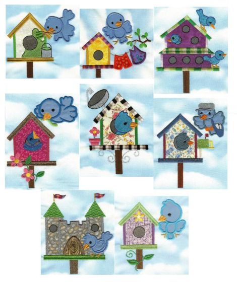 Bluebirds and Birdhouses Applique Machine Embroidery Designs by JuJu 