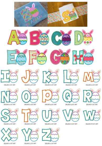 Easter Bunny Egg Alphabet Applique Machine Embroidery Designs by JuJu 
