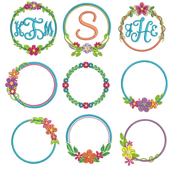 Circle Flower Wreaths Monogram Frames Machine Embroidery Designs by JuJu