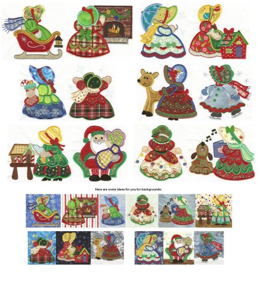 Sunbonnet Belles Christmas Applique Machine Embroidery Designs by JuJu 