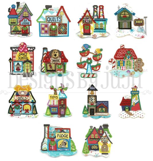 North Pole Village Christmas Applique Set 4 Machine Embroidery Designs by JuJu 