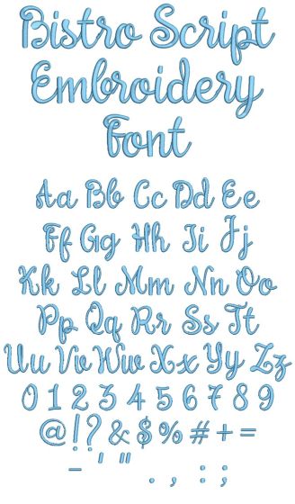 Bistro Script Font Digital Embroidery Machine Designs by JuJu