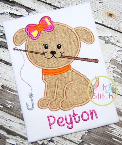 Fishing Puppy Girl Applique | Machine Embroidery Designs by JuJu