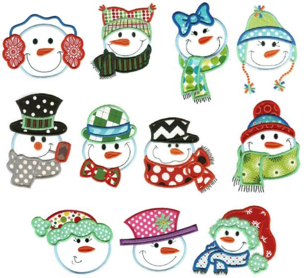 Snow Buddies Snowmen faces Applique Machine Embroidery Designs by JuJu 