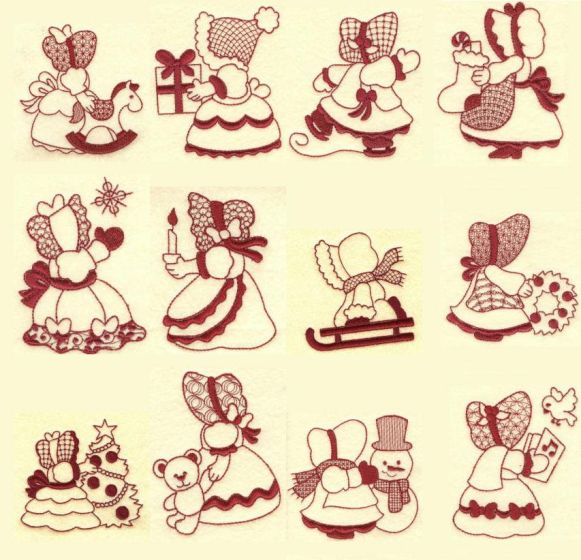 Sunbonnet Sue Christmas Redwork Machine Embroidery Designs by JuJu