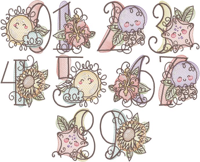 Sketch Summer Numbers | Machine Embroidery Designs by JuJu
