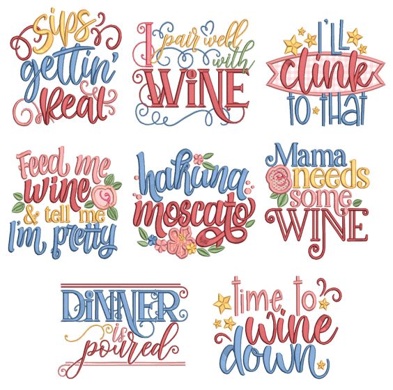 Wine Word Art Machine Embroidery Designs by JuJu