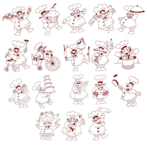 Bon Appetit French Chef  Redwork Machine Embroidery Designs by JuJu