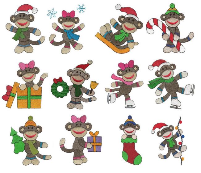 Christmas Sock Monkeys Filled Machine Embroidery Designs by JuJu