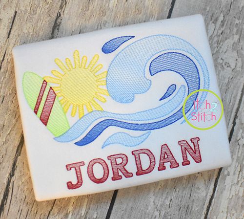 Surfboard Wave Scene Sketch Embroidery | Machine Embroidery Designs by JuJu