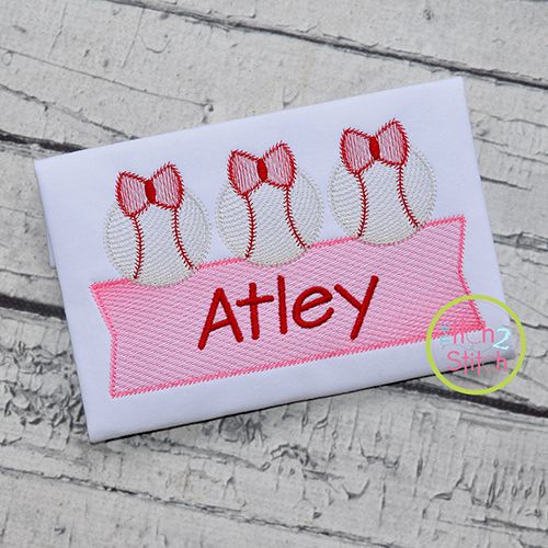 Baseball Bow Trio Banner Sketch Embroidery Design | Machine Embroidery Designs by JuJu