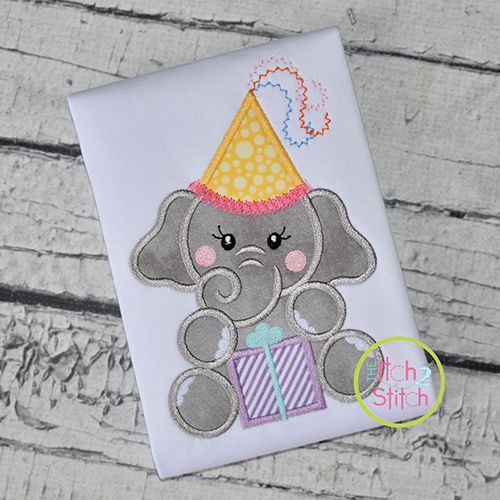 Birthday Elephant Girl Applique Design | Machine Embroidery Designs by JuJu