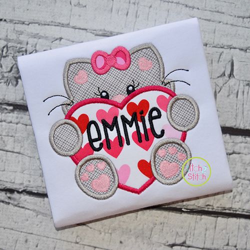 Cat With Heart Girl Applique | Machine Embroidery Designs by JuJu